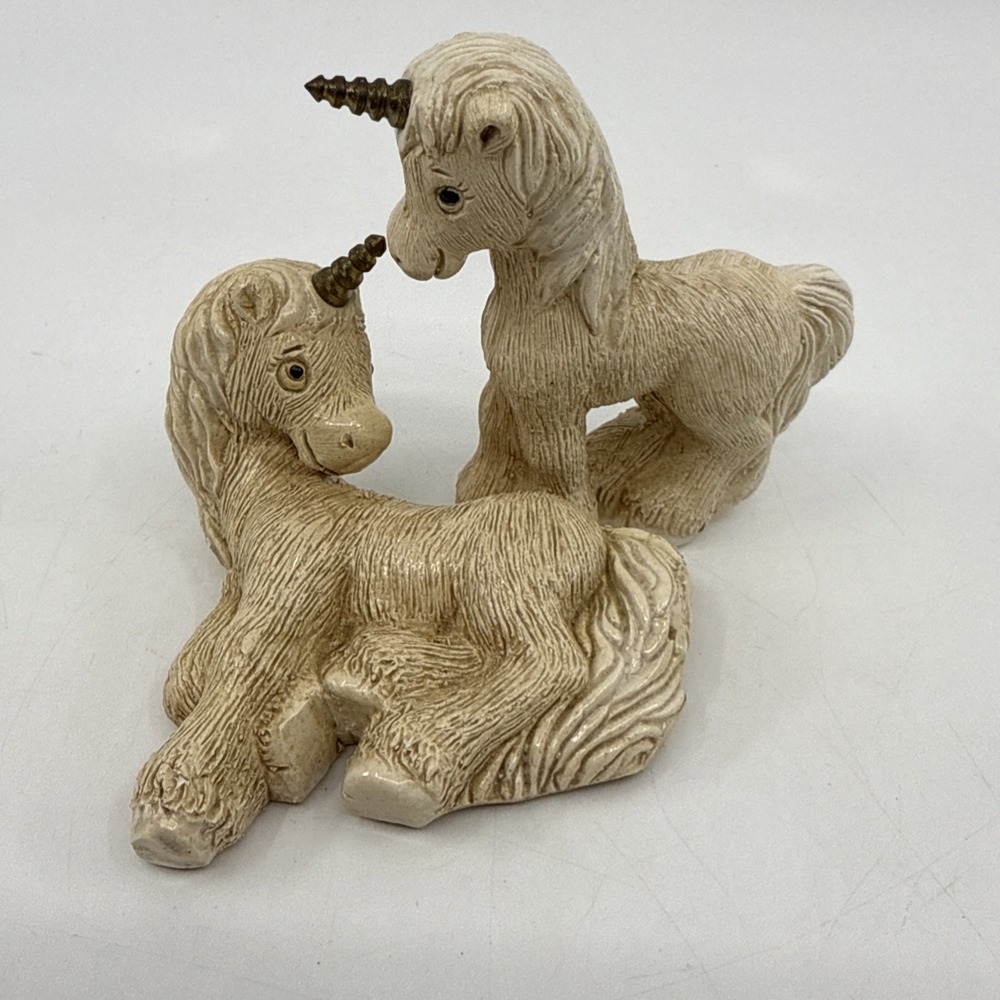 Artesania Rinconada unicorn Brass Horn Signed AR 3" Set‎ Of 2 Beige Horses